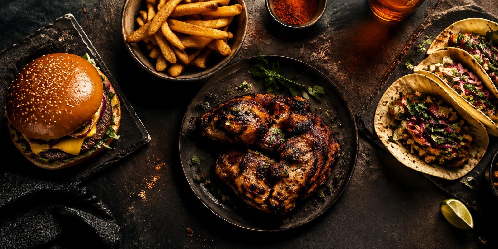 Burgers, jerk chicken, fries and tacos